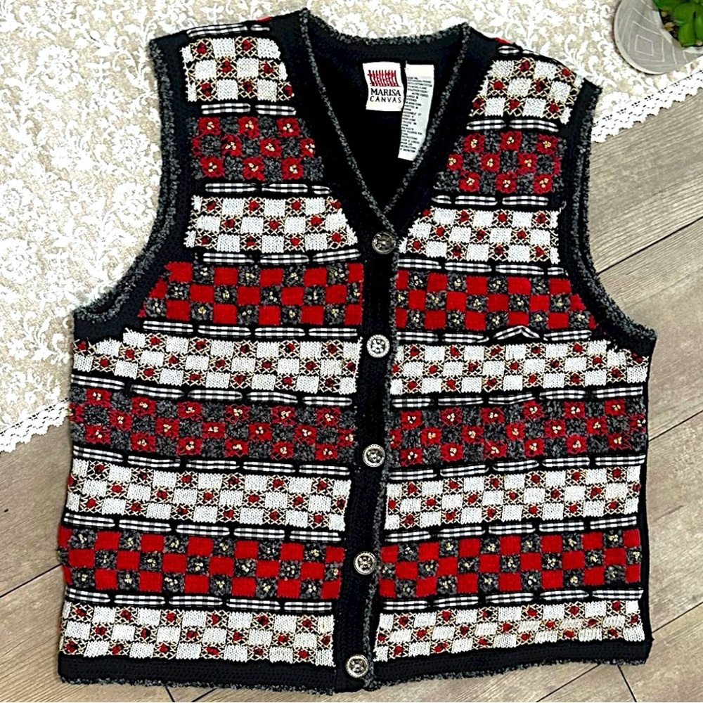 Vintage Women’s Winter Holiday Sweater Vest Mixed Pattern Ramie Cotton Wool XL